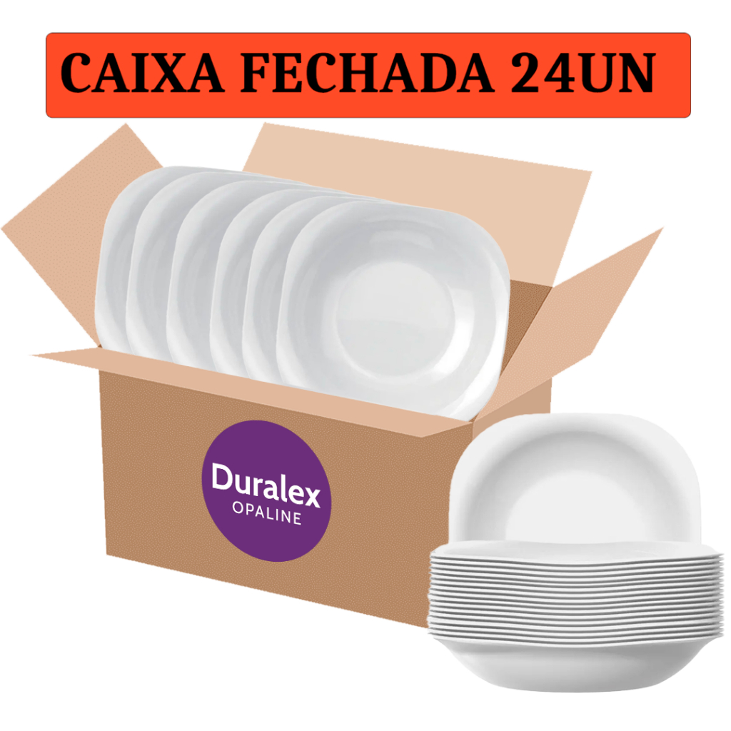 Jogo Kit 24/12 Pratos Fundo Branco Vidro Duralex Opaline Plaza Quadrado Almoço Jantar Restaurante