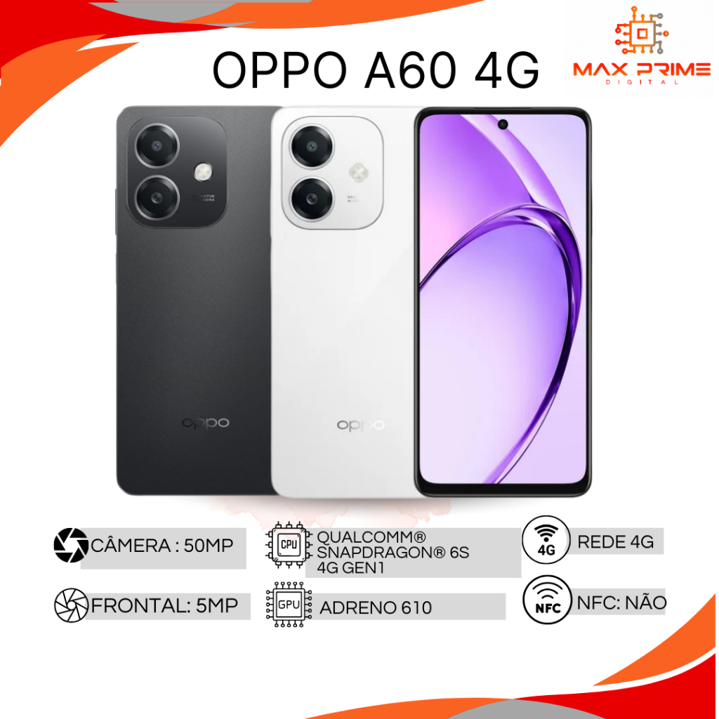 OPPO A60 4G 256GB de memória, 8GB RAM, Processador: Qualcomm® Snapdragon® 6s 4G Gen1, Câmera 50MP Versão Global