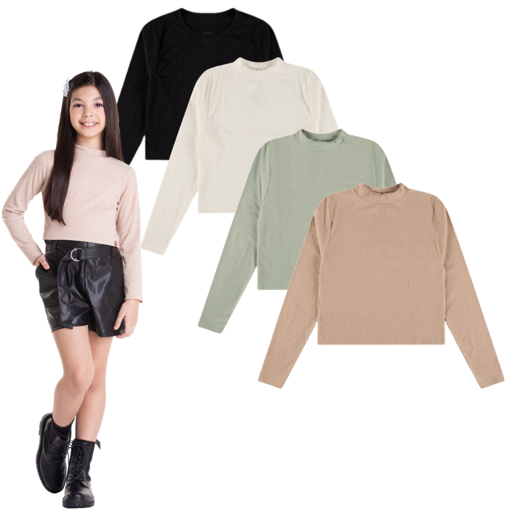 Kit 2 Blusa Cropped Canelada Gola Alta Infantil Menina Tamanho 10 ao 16 em Oferta na Shopee