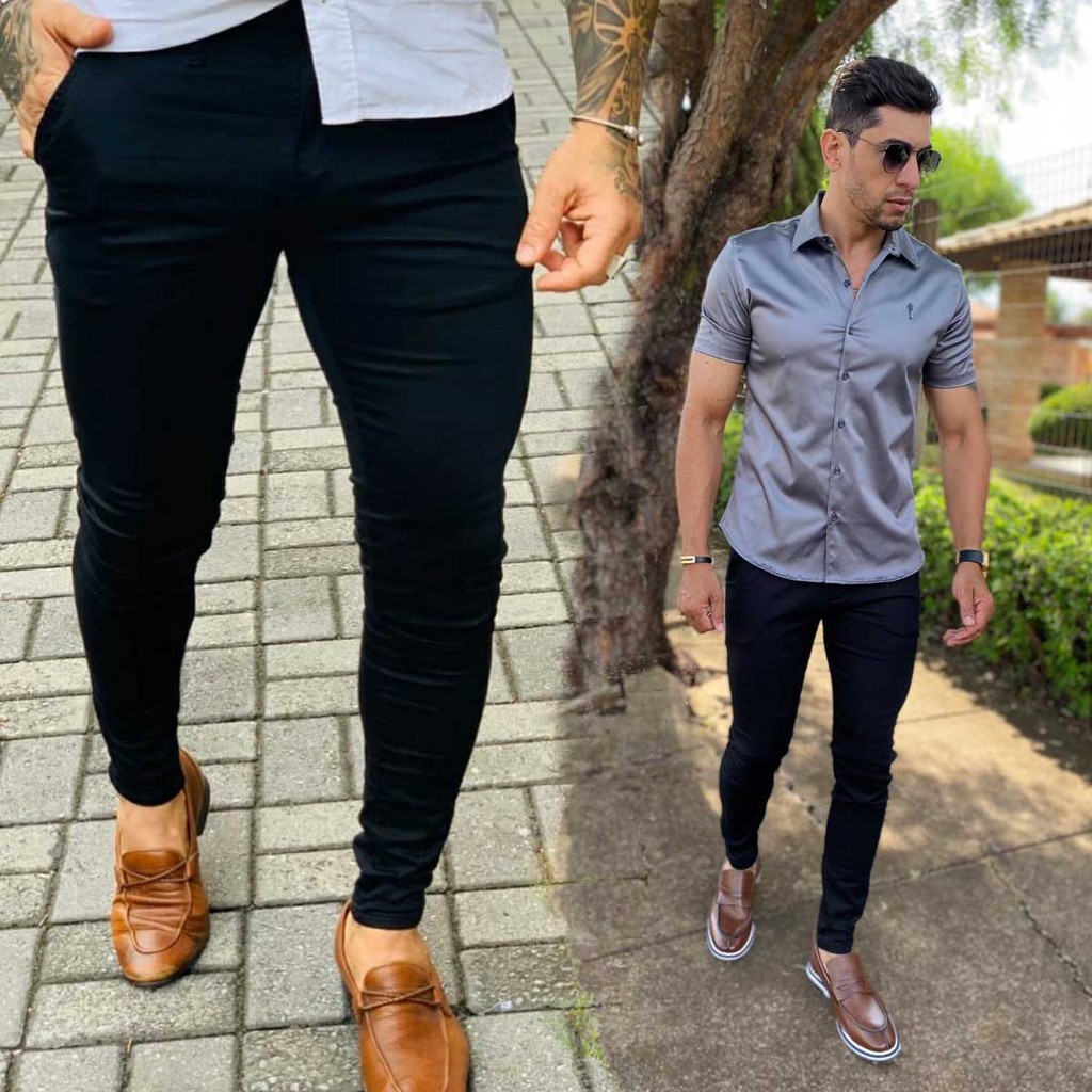 Calça Masculina Alfaiataria Social Sarja Sporte Fino Modelagem Skinny Tecido Premium Elastano Casual