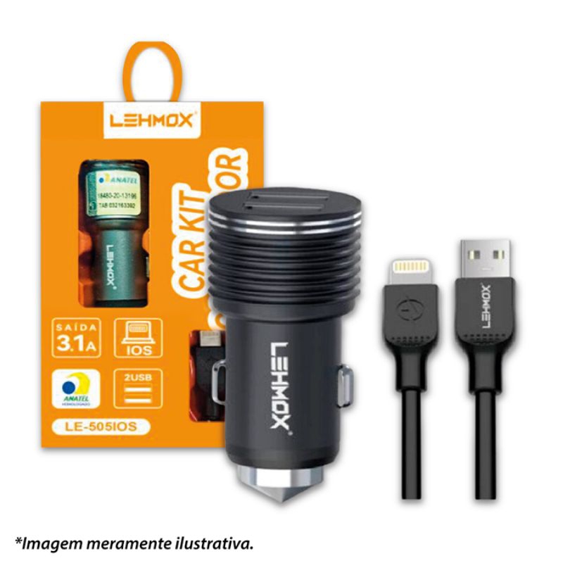 Carregador Veicular para celular Carro Turbo Power 2 Saídas Usb + Cabo Lightning