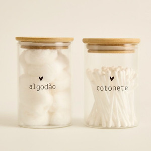 Kit Porta Cotonete e/ou Algodão ou Kit 2 Potes Organizador Vidro e Tampa Bambu