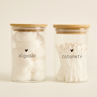 Kit Porta Cotonete e/ou Algodão ou Kit 2 Potes Organizador Vidro e Tampa Bambu em Oferta na Shopee
