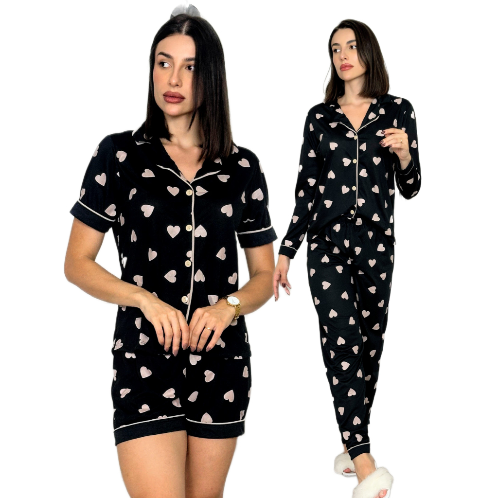 Kit 2 Pijamas Feminino Americano Adulto  Curto Longo Malha amamentação Com Botões Frio e C...