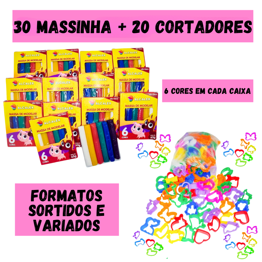 Kit 30 Massinha de Modelar + 20 Cortador Molde p/ Kit Festa Lembrancinha Infantil Sacolinha