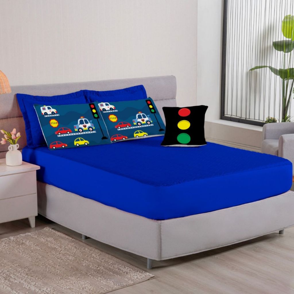Colcha Cobre Leito Jogo Roupa Cama Casal 7 Pçs Matelado Quarto Criança Fronha Menino Carros Azul