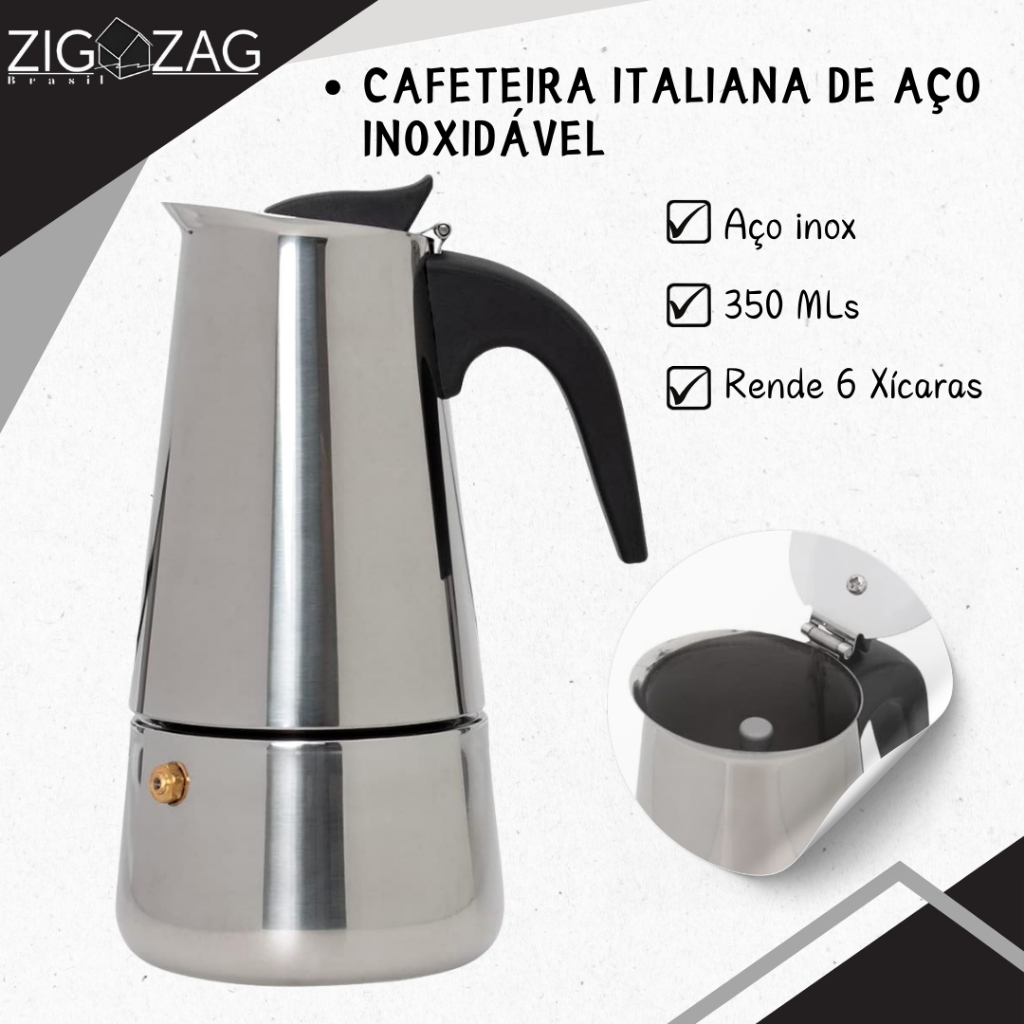 Cafeteira Italiana Moka de Inox com Alça - 300ml | Capacidade para Preparar até 