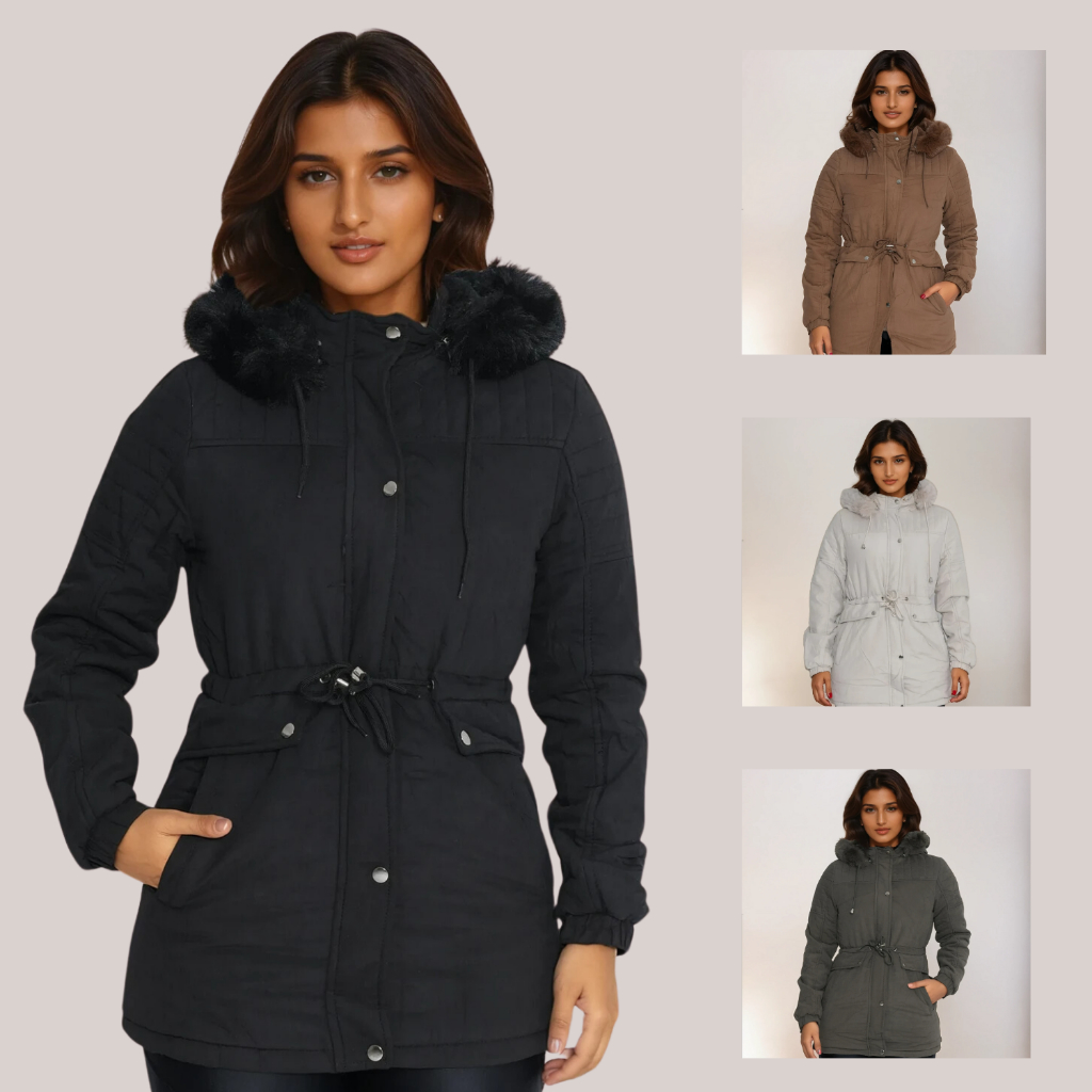 Casaco Feminino Parka Forrada Pelinho Capuz com Bolsinho Inverno