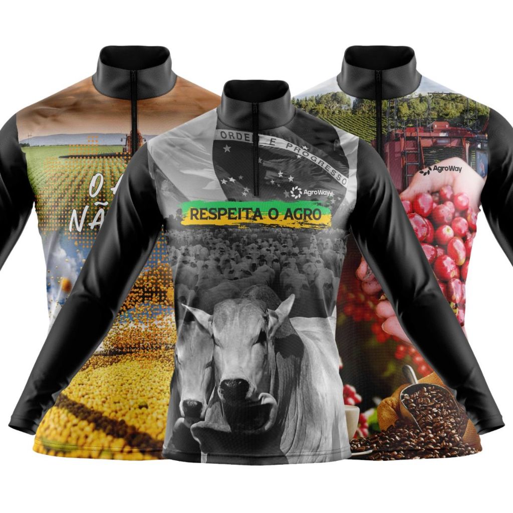 Kit 3 Camisa Camiseta Agro Manga Longa Proteção Uv Solar Plantação Soja Colheita Café Agro Cinza Trabalho Campo Roça