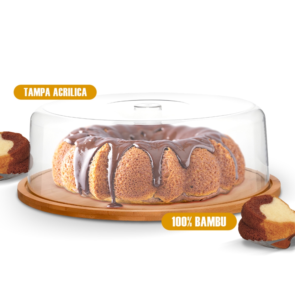 Boleira Porta Bolo Bambu Com Tampa Acrílica Circular 28cm - Bhz Store