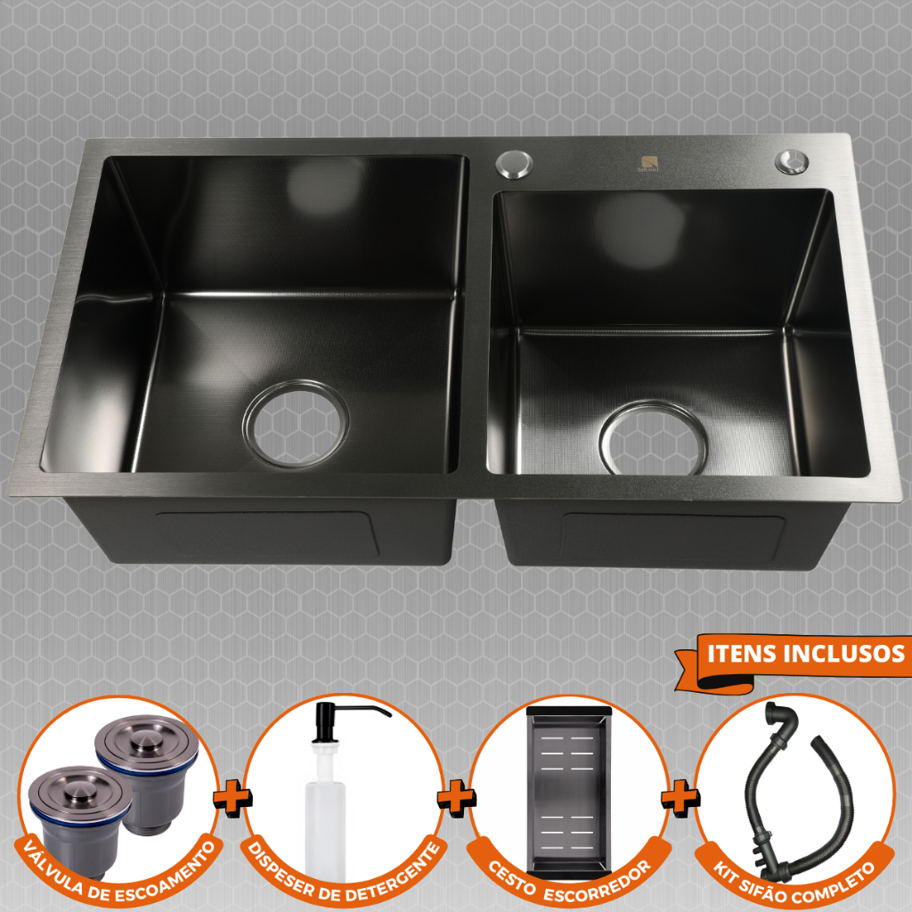Cuba Dupla Gourmet Cozinha Inox 304 Anti Risco Nano PVD Black 78x43 cm Completa Com Acessórios