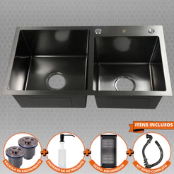 Cuba Dupla Gourmet Cozinha Inox 304 Anti Risco Nano PVD Black 78x43 cm Completa Com Acessórios