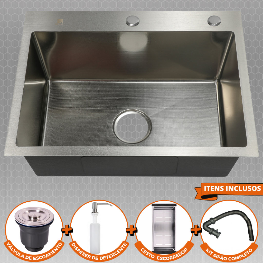 Cuba Para Cozinha Gourmet Pia Inox 60x45 cm Anti Risco Escovada Com Acessórios Nano PVD
