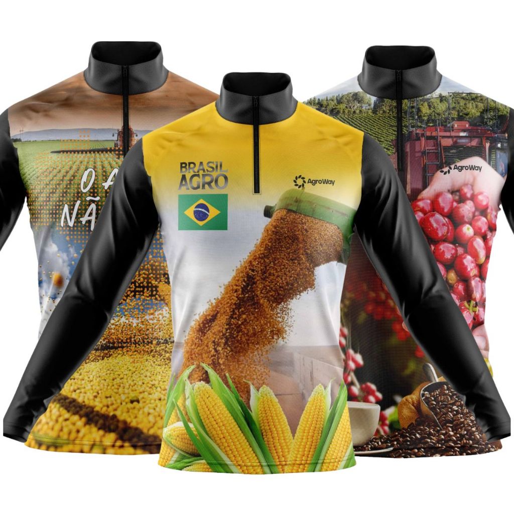 Kit 3 Camisa Camiseta Agro Manga Longa Zíper Proteção Uv Solar Plantação Soja Colheita Café Cana Açúcar Brasil Boi Gado