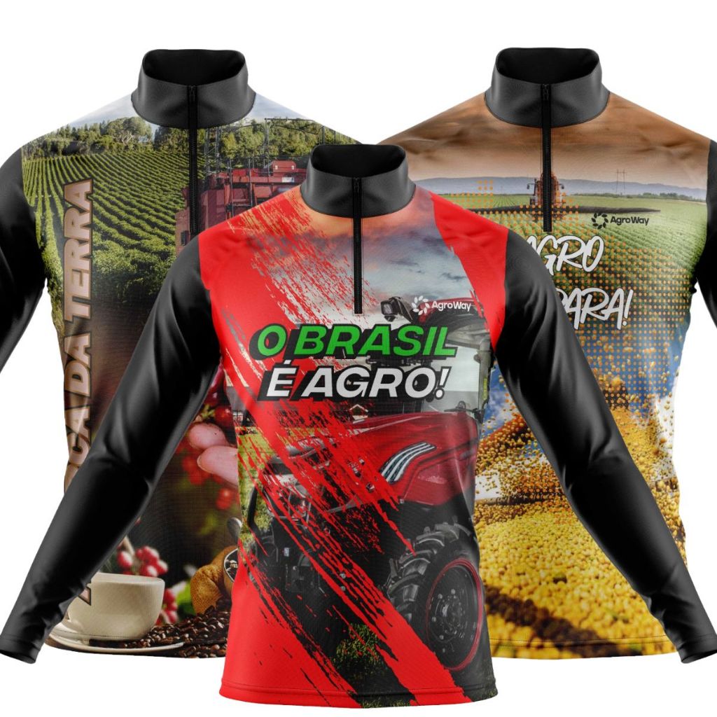Kit 3 Camisa Camiseta Agro Manga Longa Zíper Proteção Uv Solar Colheita Soja Pla