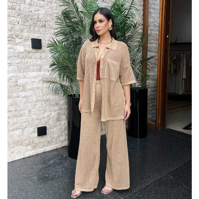 Conjunto Calça Pantalona e Camisa Com Bolso e Manga Curta Feminino Tricot Rendado Estilo Verão