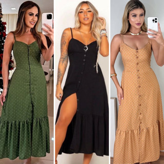 Vestido Longo Feminino Poá Com Botões e Bojo Poa Elegante de Alcinhas Ajustáveis em Oferta na Shopee