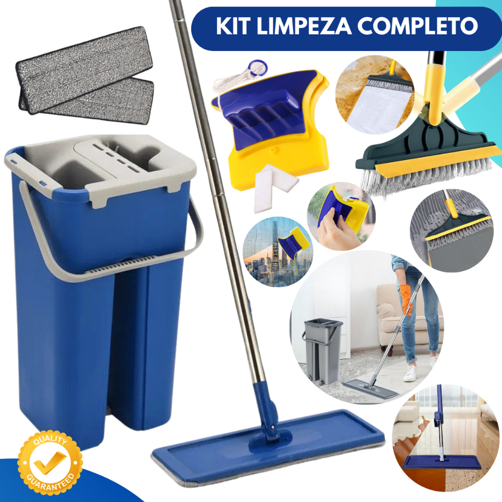 MOP Limpeza Esfregão Rodo Flat Balde Lava Seca Profissional + Vassoura Rodo + Limpa Vidros Magnético