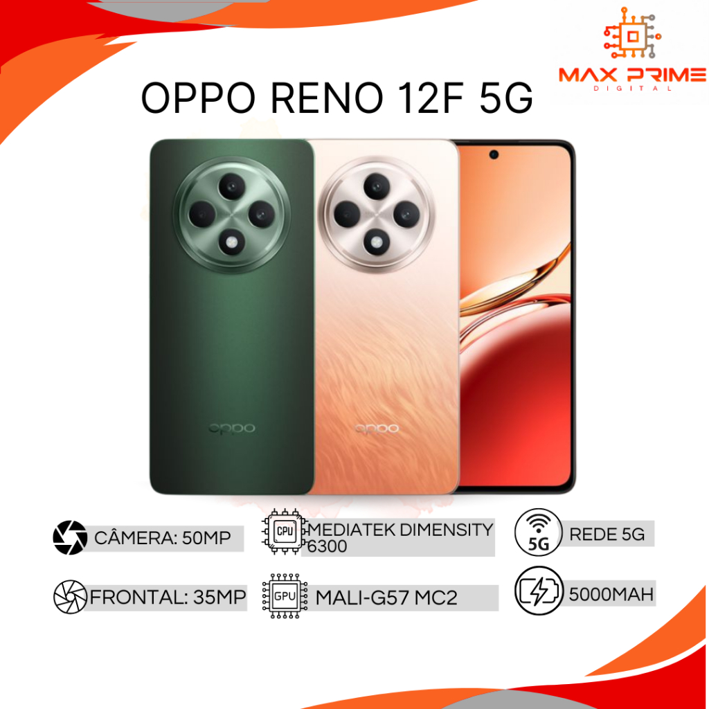 OPPO RENO 12F 5G,256GB e 12GB RAM, Câmera 50MP, Processador MediaTek Dimensity 6300, Versão Global em Oferta na Shopee