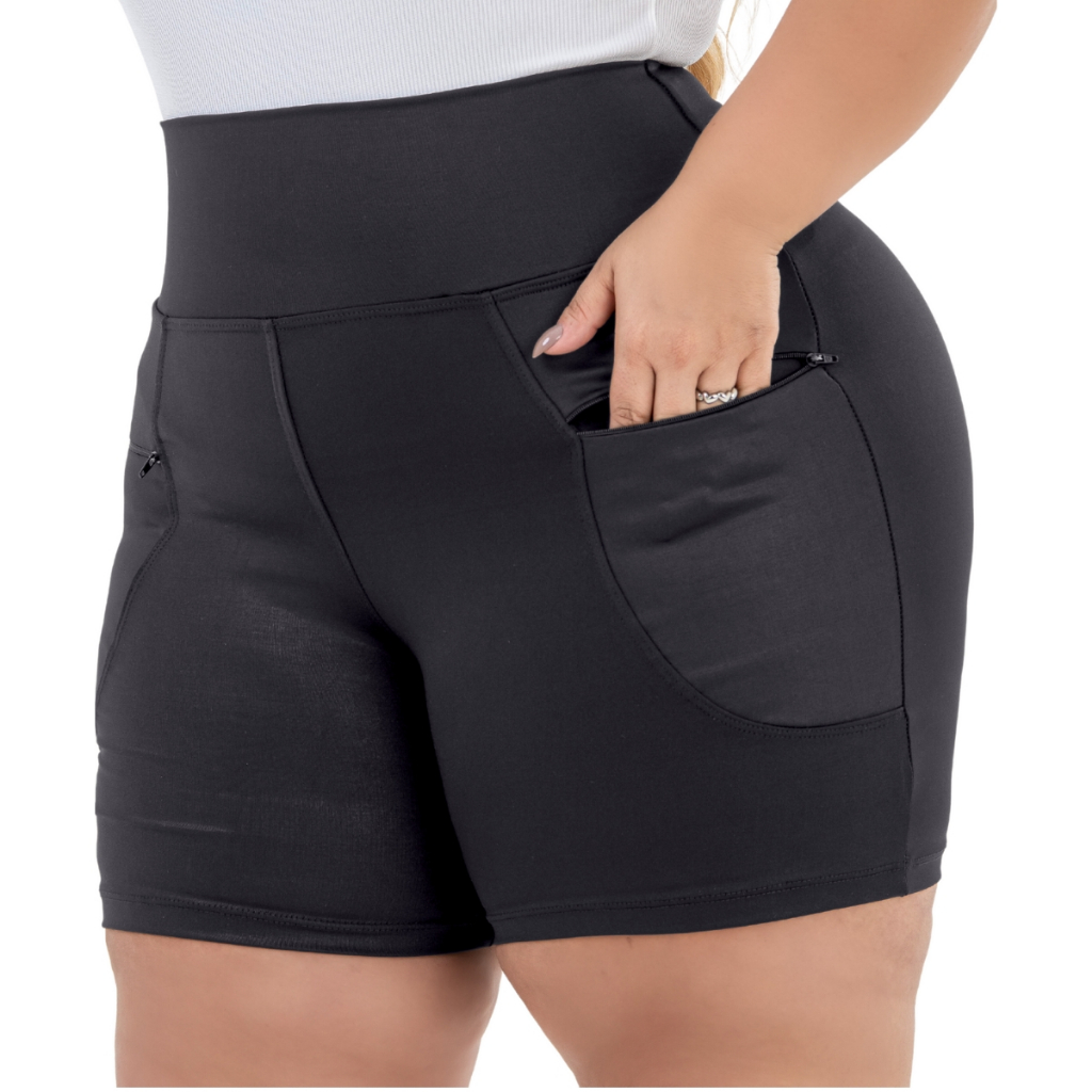 Bermuda Legging Plus Size Com Bolso Zíper Cintura Alta Efeito Lipo em Oferta na Shopee