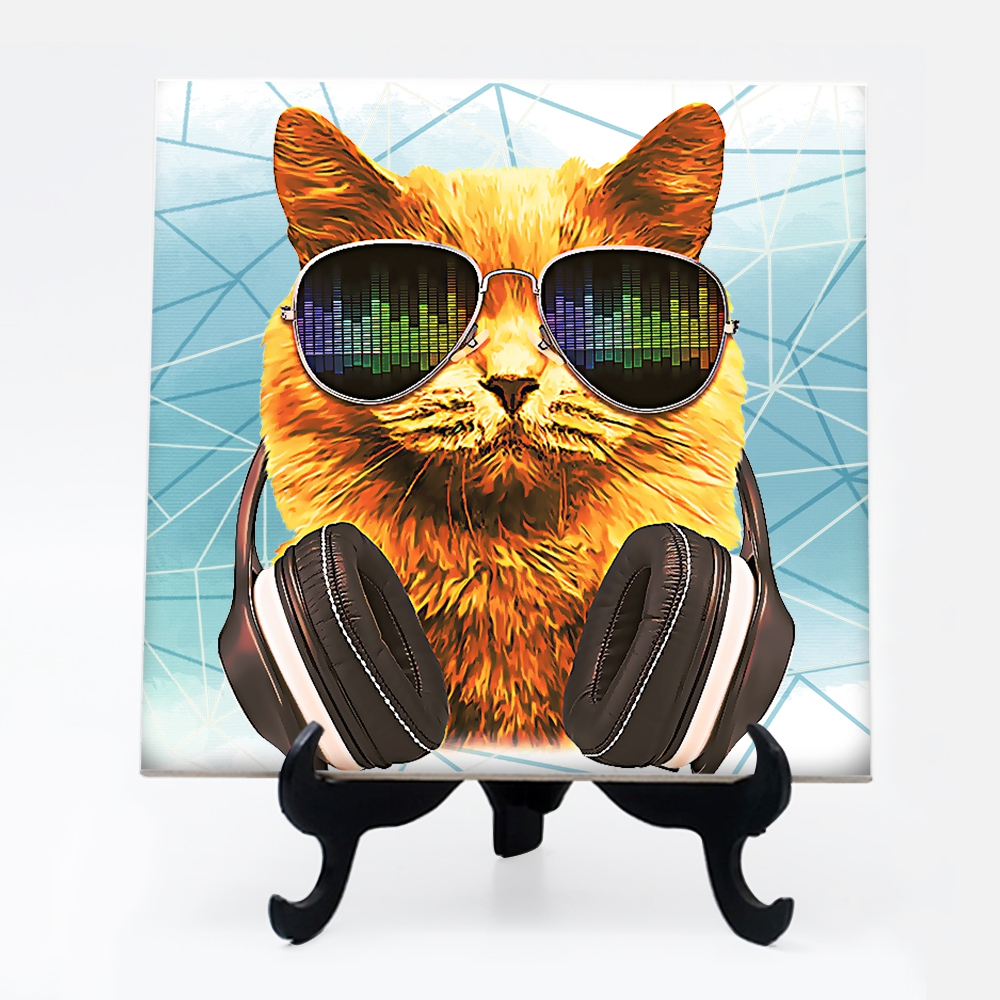 Quadro azulejocom suporte Cat Dj music Gato gatinho 25