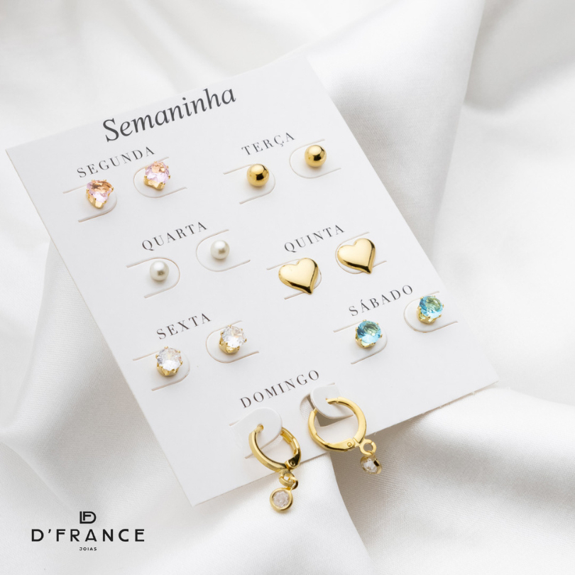 Kit Brincos Semaninha 7 pares Banhado a Ouro 18K - D France Semijóias
