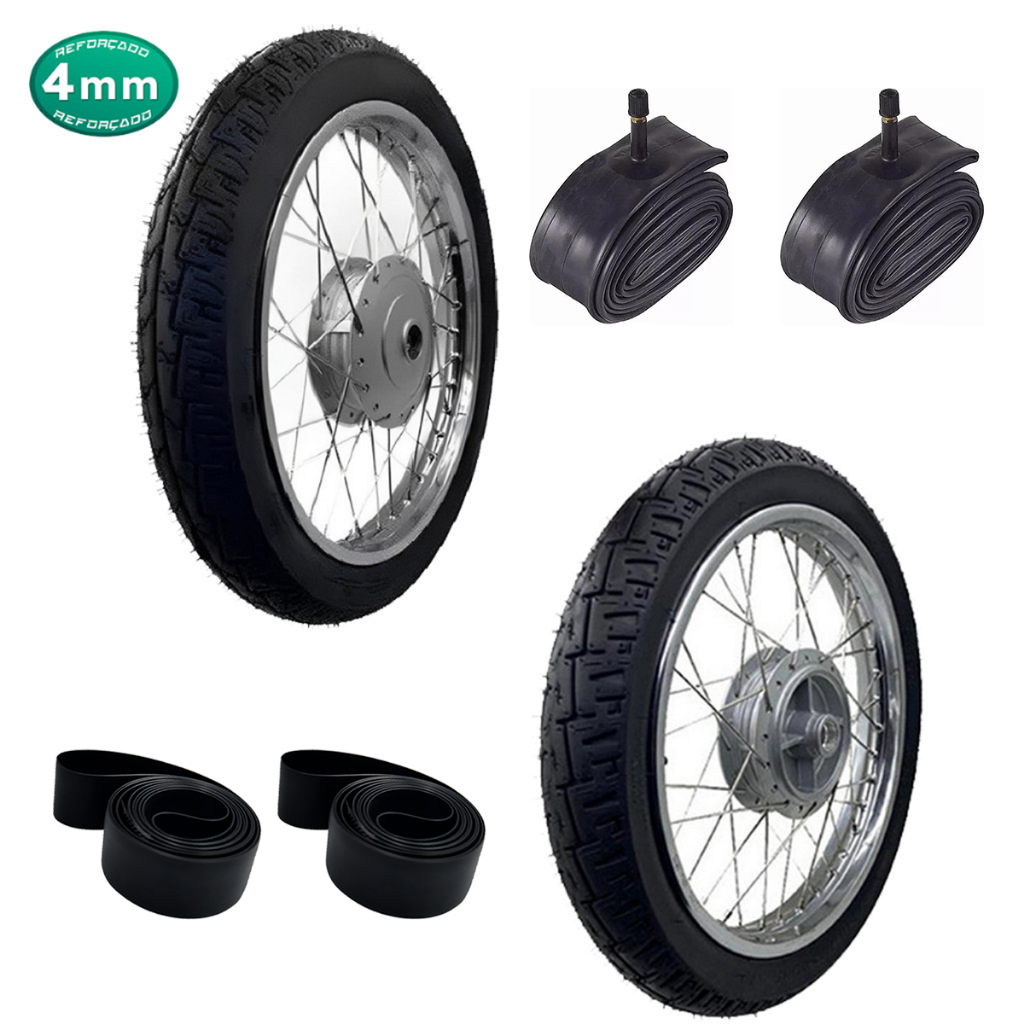 Par Roda Dianteira e Traseira Ybr 125 00/08 Factor Raio 4mm Tambor Montada com Pneu Pro Tork