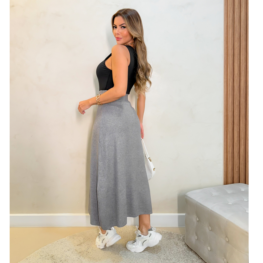 Saia Midi Feminina Fenda Tricô Liso Modal 3RD SD1015