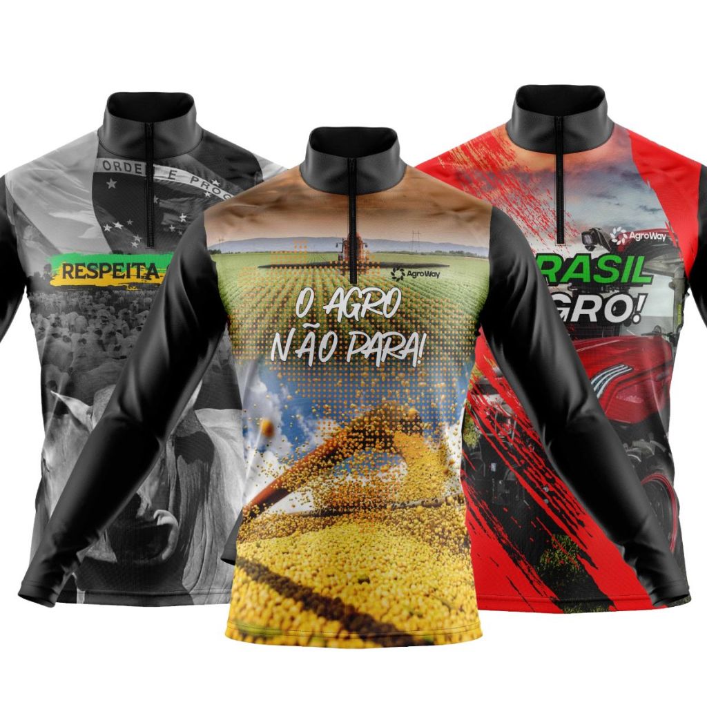 Kit 3 Camisa Camiseta Agro Manga Longa Zíper Proteção Uv Solar Colheita Soja Plantação Café Cana Açúcar Campo Trabalho