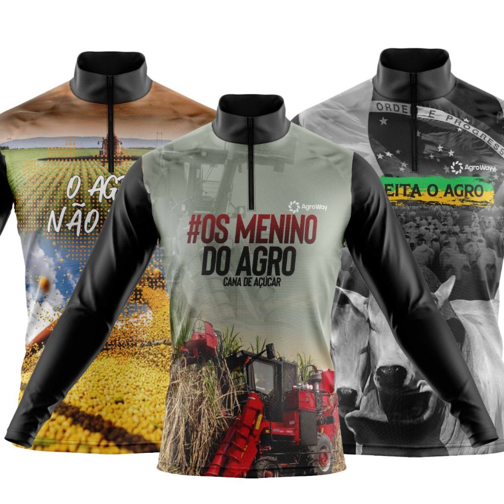 Kit 3 Camisa Camiseta Agro Manga Longa Zíper Proteção Uv Solar Plantação Soja Colheita Café Cana Açúcar Brasil Gado Boi