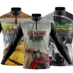 Kit 3 Camisa Camiseta Agro Manga Longa Zíper Proteção Uv Solar Plantação Soja Colheita Café Cana Açúcar Brasil Gado Boi