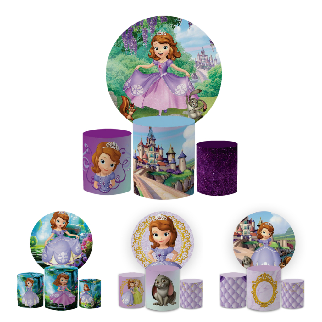 Kit Capa Painel Redondo 1,5 + Trio Capas de Cilindro Tecido Sublimado Tema Festa Princesa Sofi Menina em Oferta na Shopee