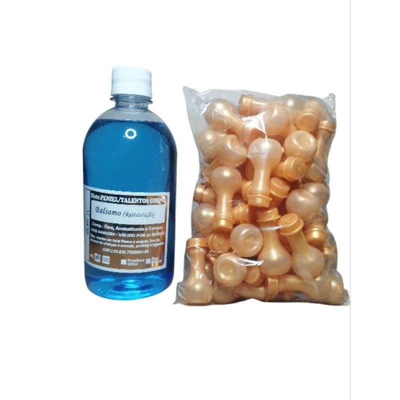 Kit Óleo ungido e Botija Dourada 50und   Óleo Bálsamo Ungido 500ml Unção Poderosa Prosperidade Cura Abençoado
