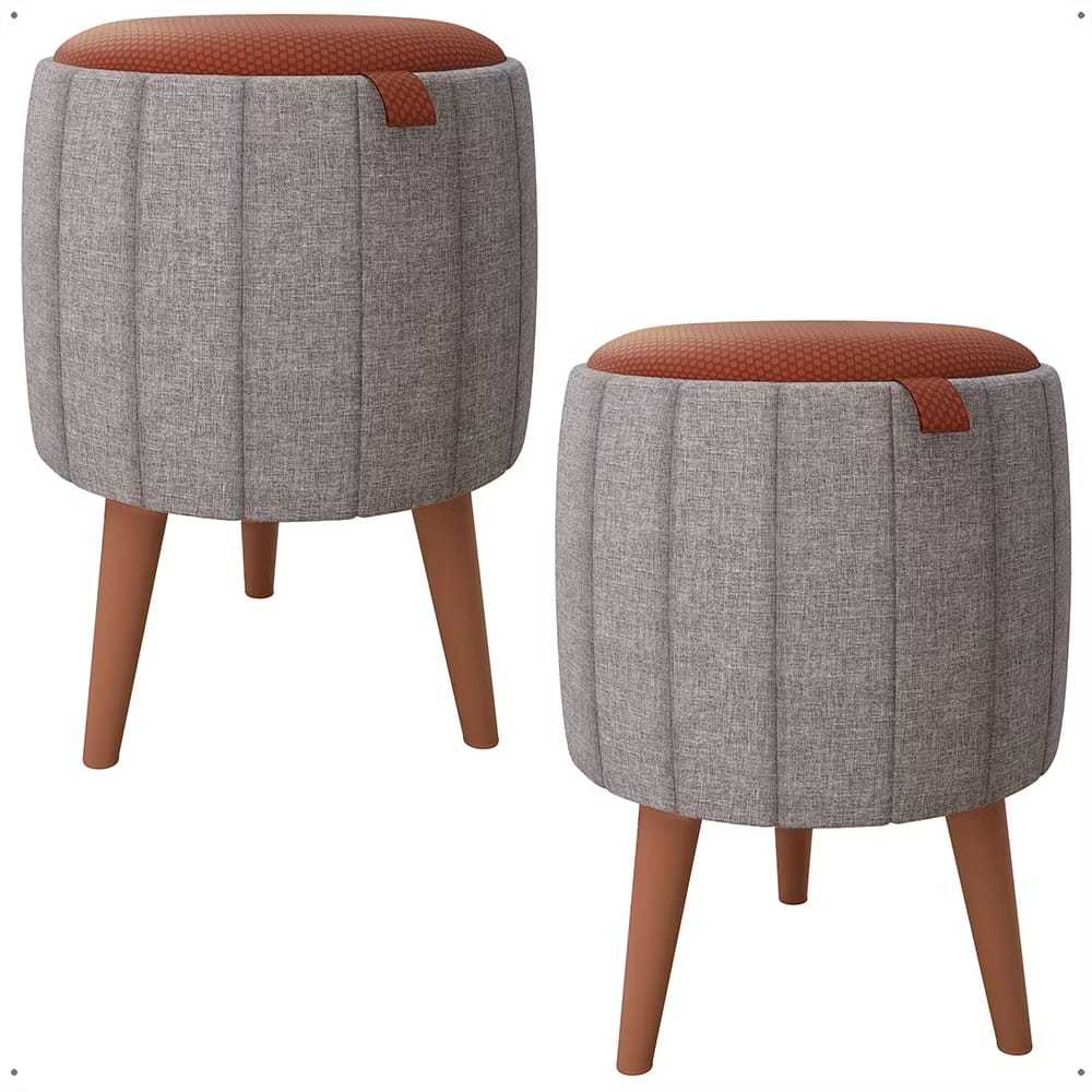 Kit 2 Puff gourmet Puffe moises Luxo banqueta para sentar banquinho Quarto Sala Escritório Cor Cinza Linho Conjunto Pufe