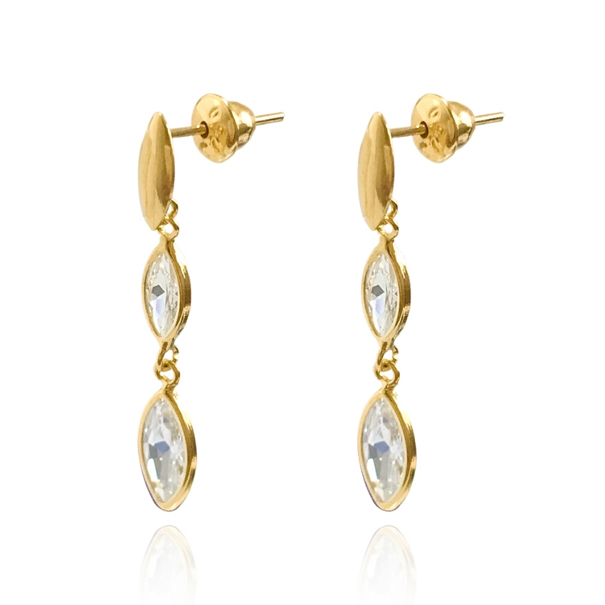 Brinco Feminino Navete C/ Zircônias Penduradas 2,6cm Ouro 18k 750 Acompanha Estojo e Certificado