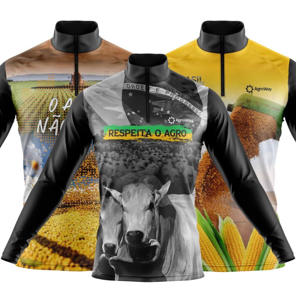 Kit 3 Camiseta Camisa Agro Manga Longa Zíper Proteção Uv Solar Plantação Soja Fazendeiro Produtor Rural Estampa Agro