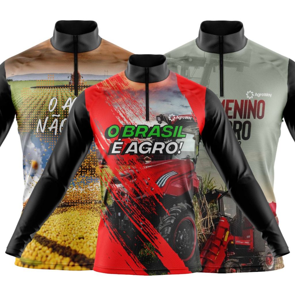 Kit 3 Camiseta Camisa Agro Manga Longa Zíper Proteção Uv Solar Campo Vestuário Rural Produtor Antissuor Estampa Agro