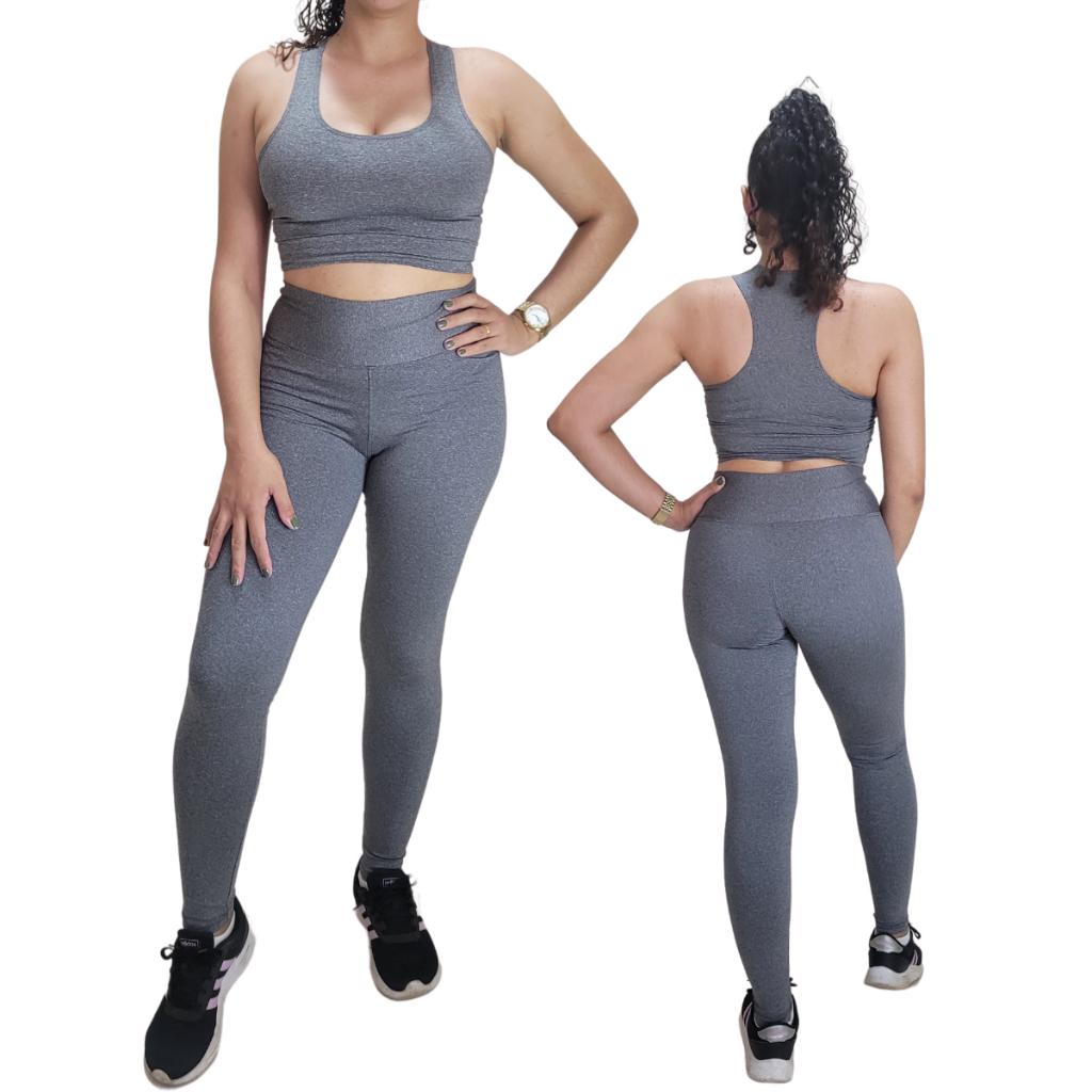 Conjunto Cinza Feminino Academia Fitness Calça Legging + Top Sem Bojo
