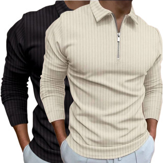 Kit 2 Camisetas Polo Manga Longa Camisa Com Ziper Masculina Malha Canelada Camiseta Camisa