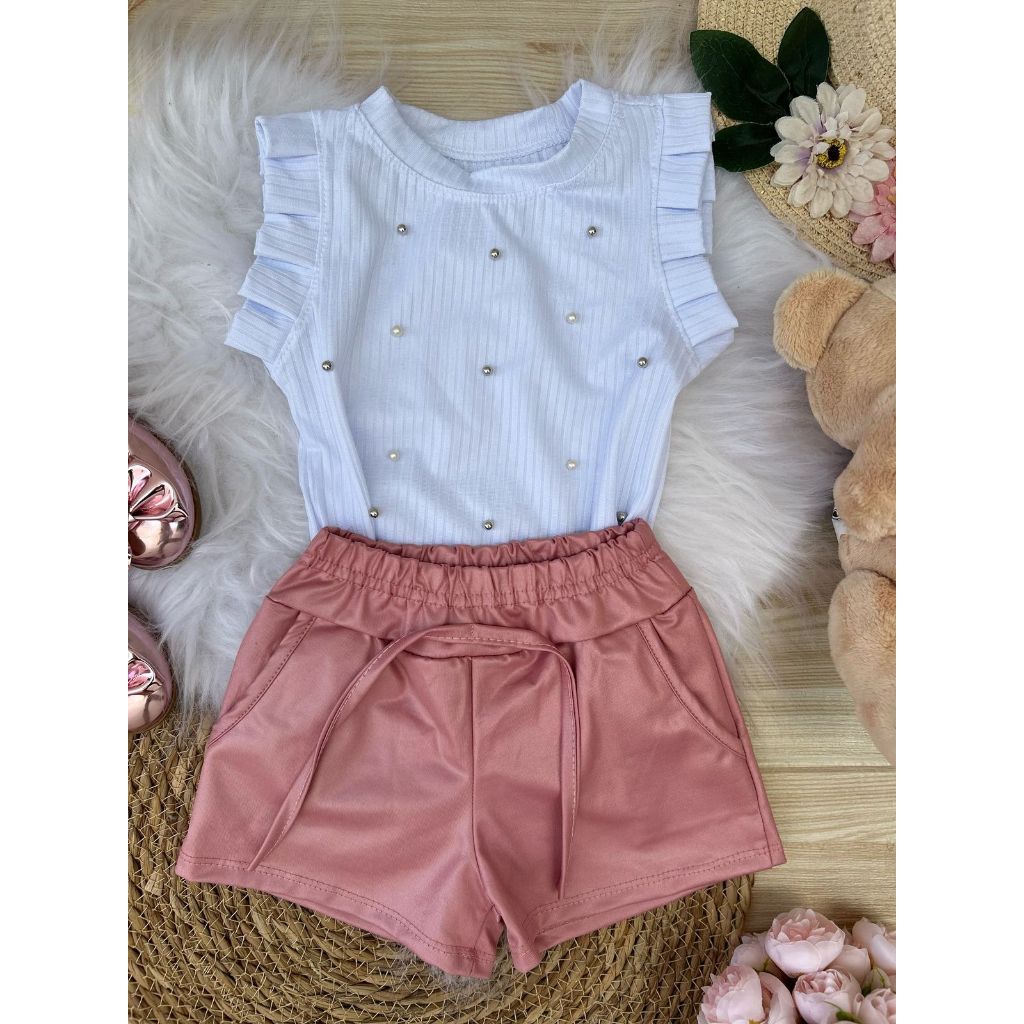Conjunto Infantil Menina Shorts Couro Cirre e Blusa Feminina Regata infantil premium Luxo