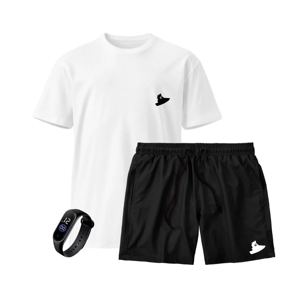 Kit Camiseta Algodão  + Bermuda Tactel + Relógio Várias Cores Estampado JetSki