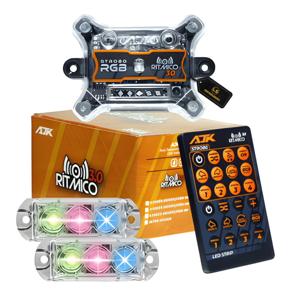 Kit Strobo AJK RGB Rítmico 3.0 + 4 Faróis 6W - Spare Parts and Accessories for Vehicles