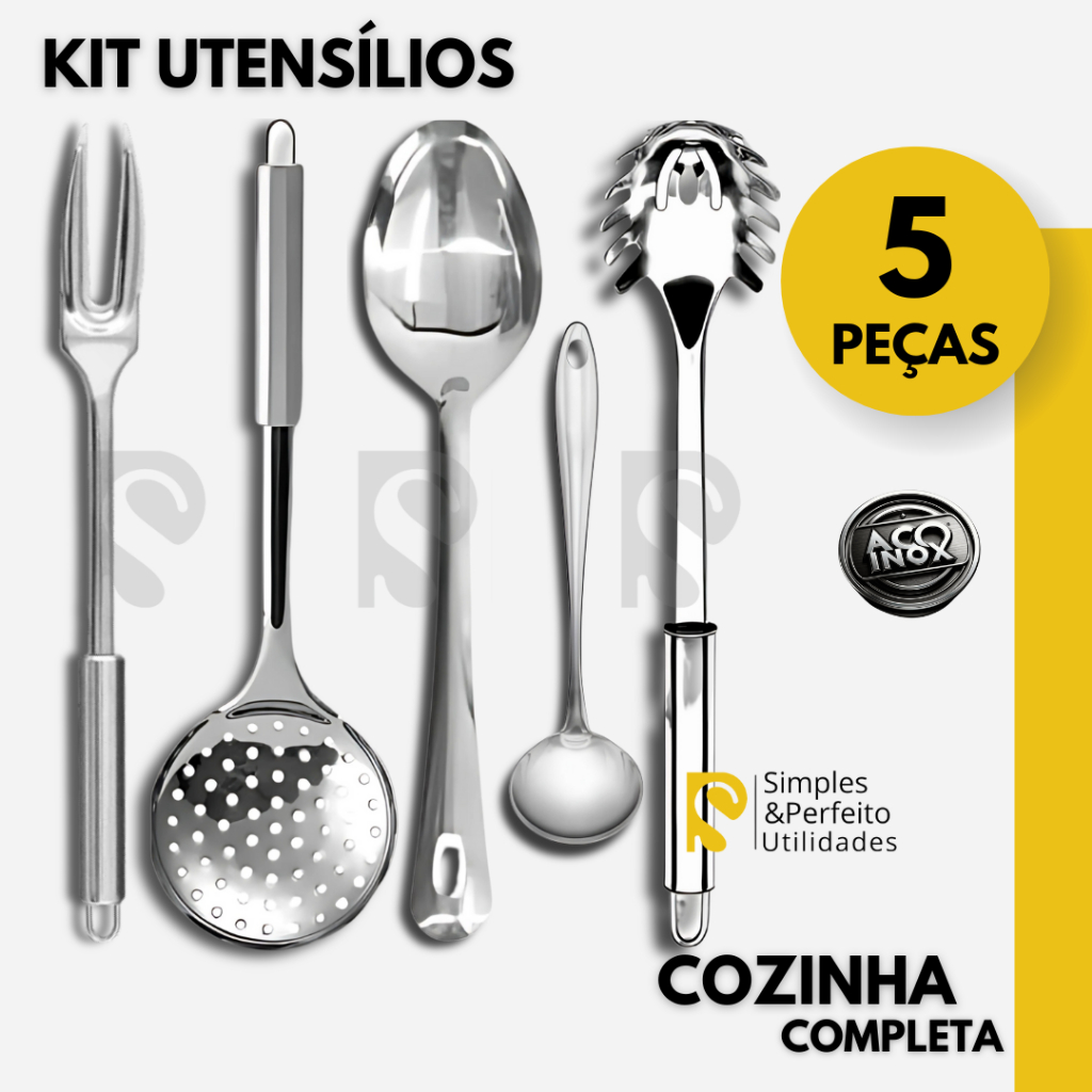 Kit Utensílios 5 Peças Garfo Escumadeira Pegador de Macarrão Concha de Feijão Colher de Arroz