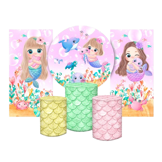 SUPER KIT PAINEL DE FESTA SEREIA CUTE FUNDO DO MAR ROSA EM TECIDO SUBLIMADO