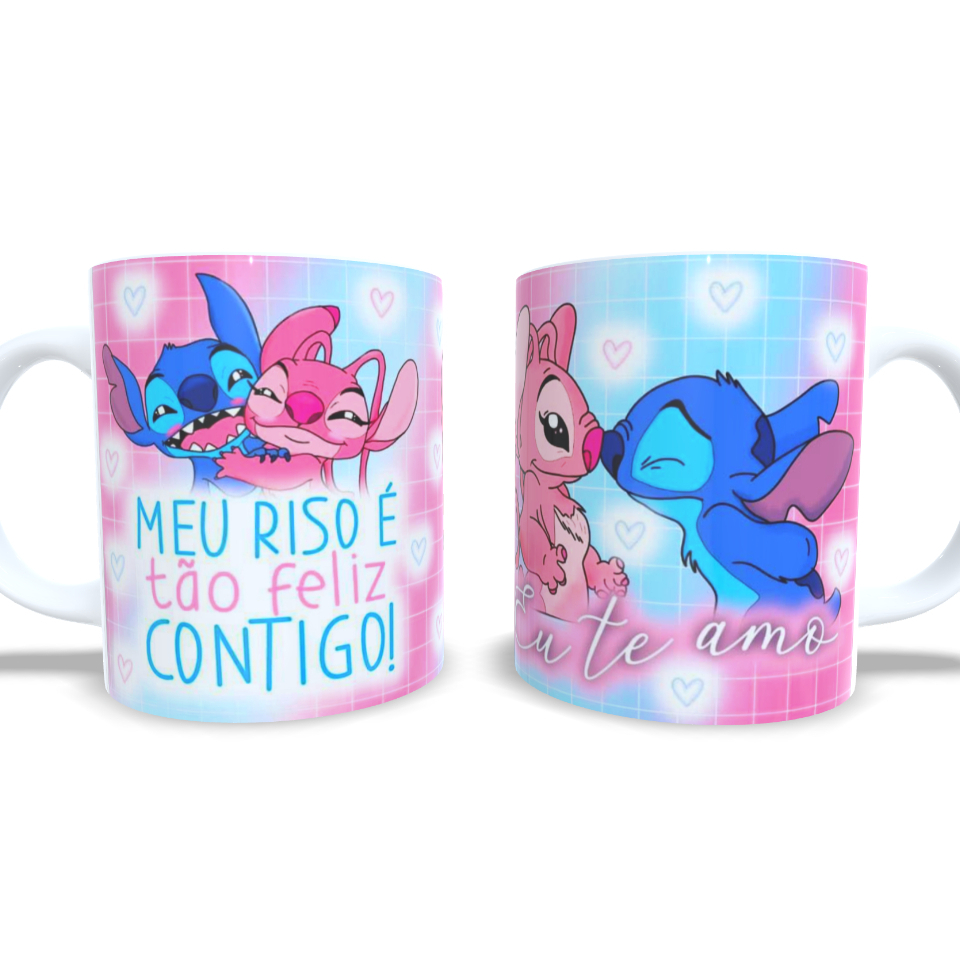 Caneca Stitch Lilo e Angel 325ml De Porcelana Meu Riso e Tão Feliz Contigo