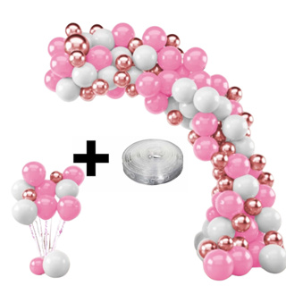 Kit Festa Decoração 125 Balões Bexigas Branco Rosa Liso e Metalizado + Fita para Arco Desconstruído em Oferta na Shopee