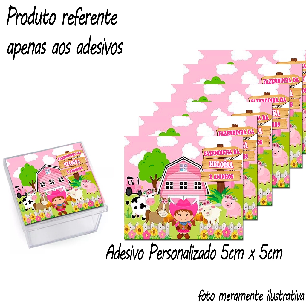 Adesivos personalizados Tema Fazendinha 5cm x 5cm para caixinha Acrilíca, Lembrancinha pra Festa.