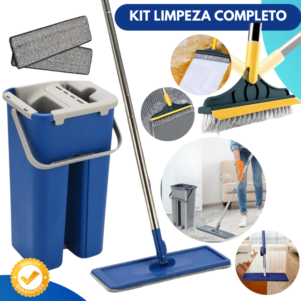 MOP Limpeza Esfregão Rodo Flat com Balde Lava Seca Profissional + Escova Vassoura Rodo Banheiro Box