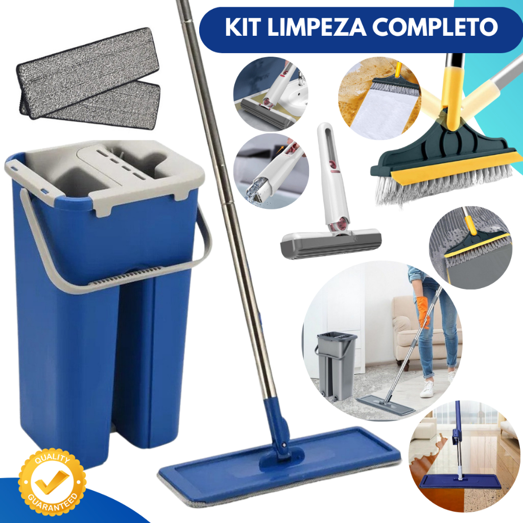 MOP Limpeza Esfregão Rodo Flat com Balde Lava Seca Profissional + Escova Vassoura Rodo + Mini MOP