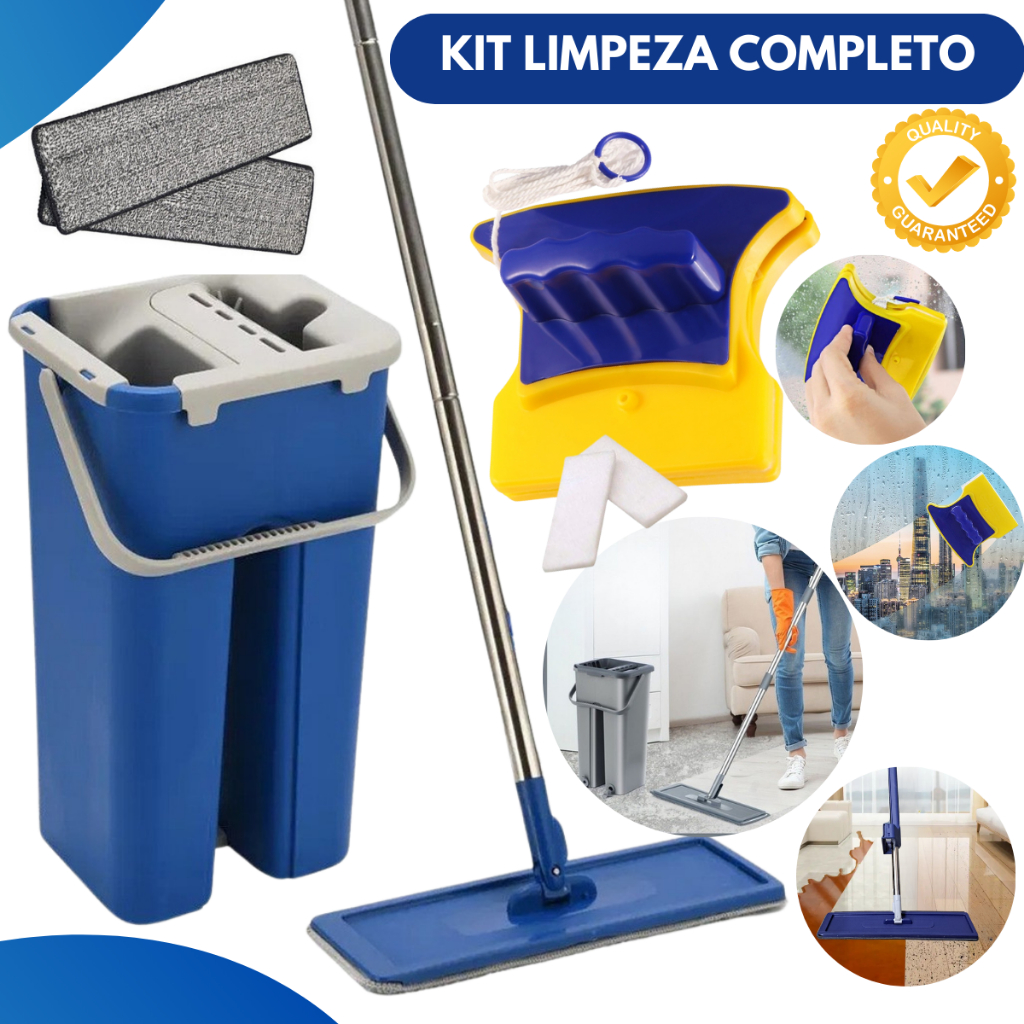 Rodo MOP Limpeza Esfregão Flat Balde Lava Seca Profissional + Limpador Vidros Janelas Magnético